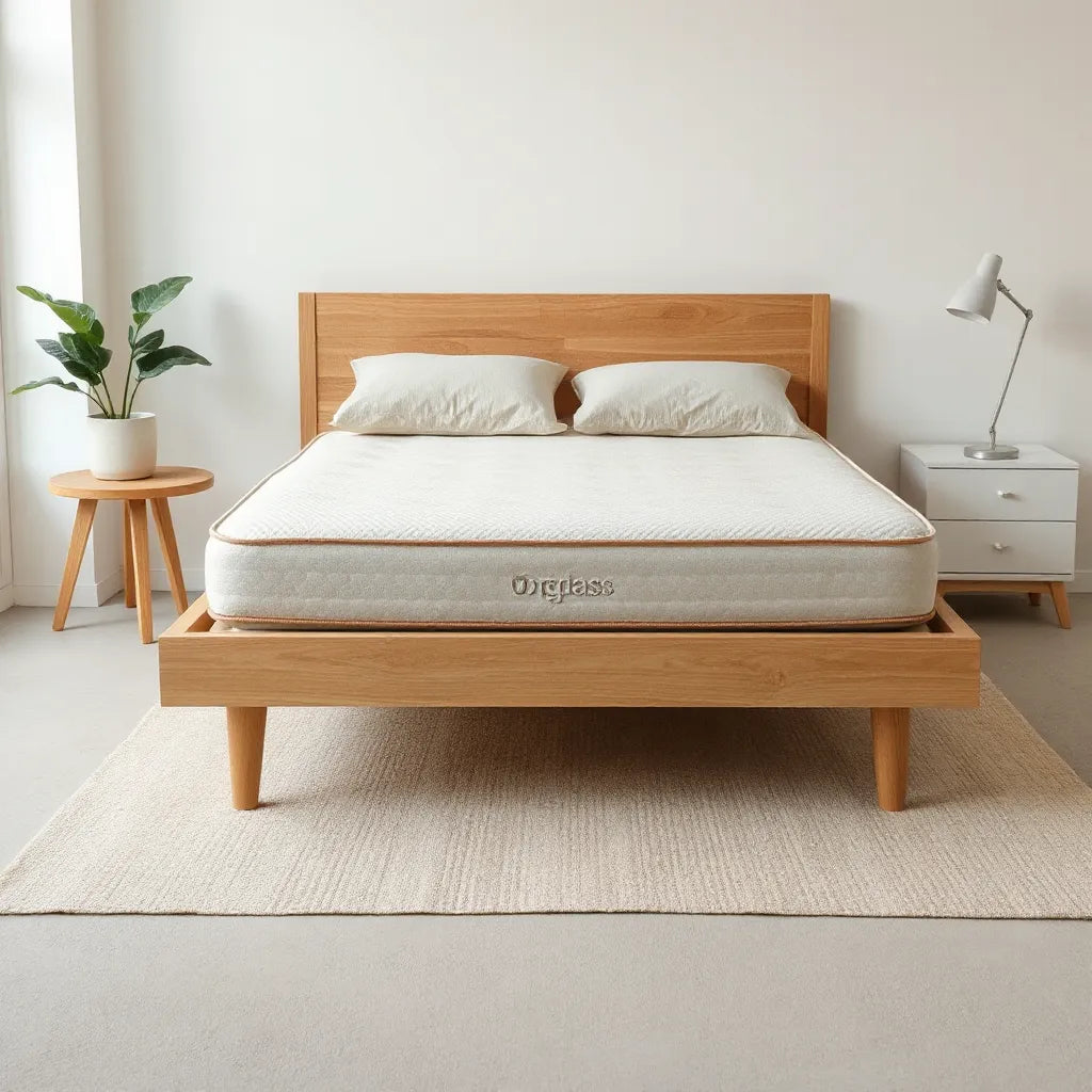 Neatly made bed with a natural-looking mattress in a calm bedroom with soft daylight