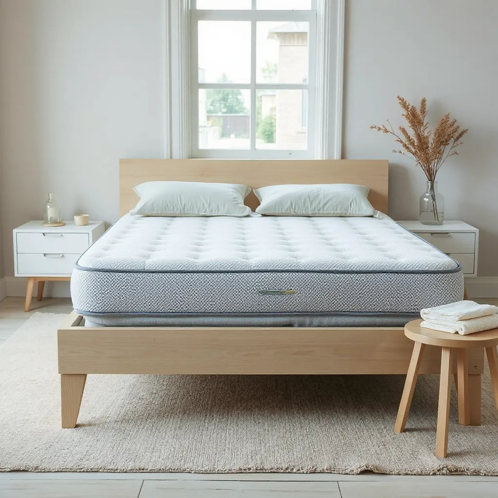 Organic cotton mattress with natural cotton bedding in a bright, minimal bedroom