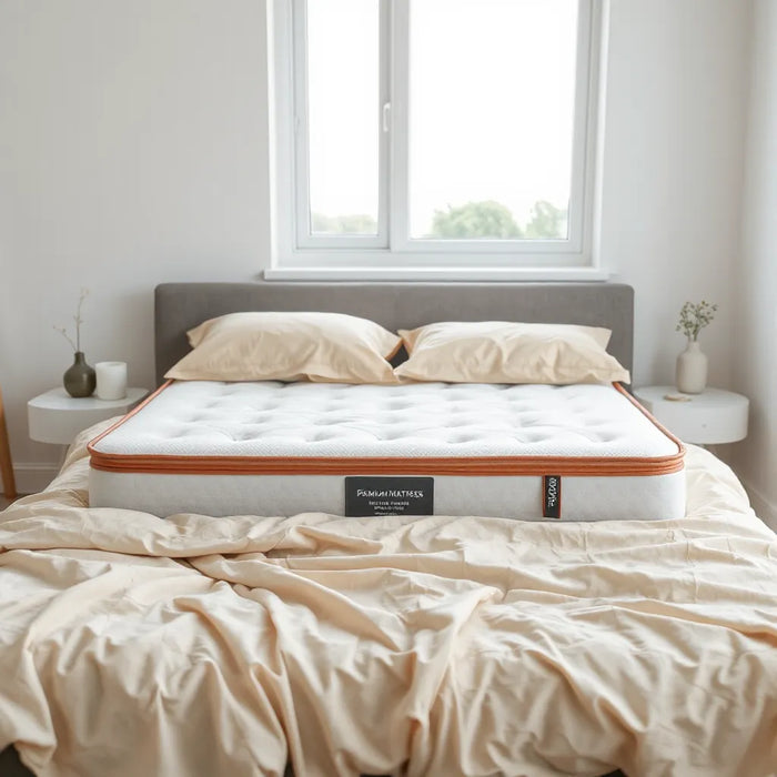 Neatly made bed with a premium mattress in a bright modern bedroom