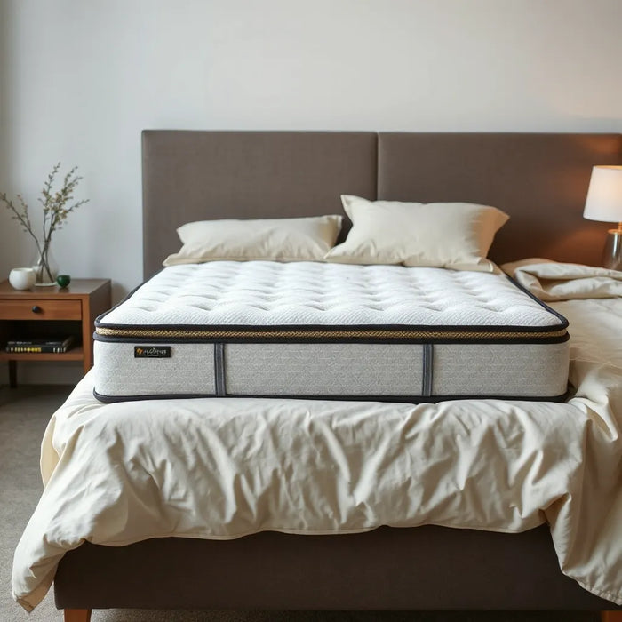 Hybrid mattress on a bed with side-sleeper styling and subtle layer detail for comfort and support