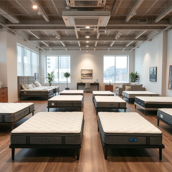 Clean Midtown mattress showroom with display beds and a consultant area in the background