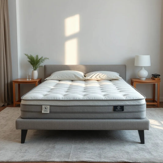 Neatly made bed with a premium mattress in a bright, minimal bedroom setting