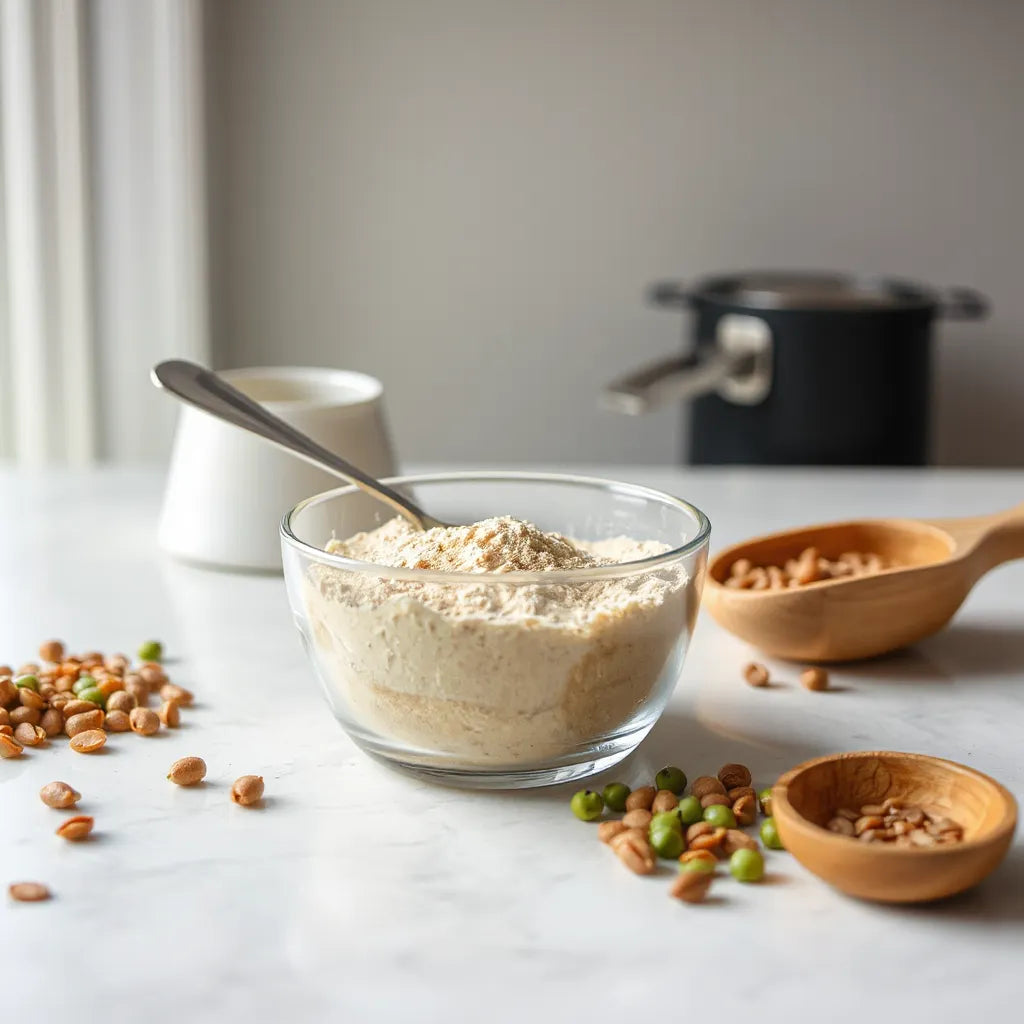 Assorted plant-based protein powder and ingredients on a kitchen countertop with a spoon