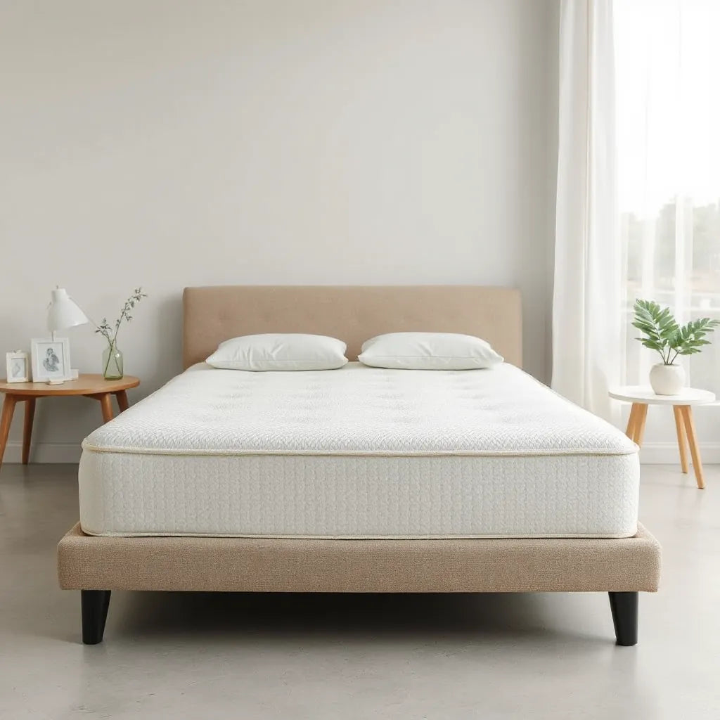 Neatly made bed with a supportive mattress and breathable bedding in soft natural light