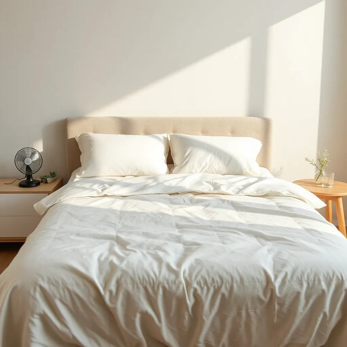 Neatly made bed with breathable cooling mattress cover and a small fan nearby for comfortable, cooler sleep