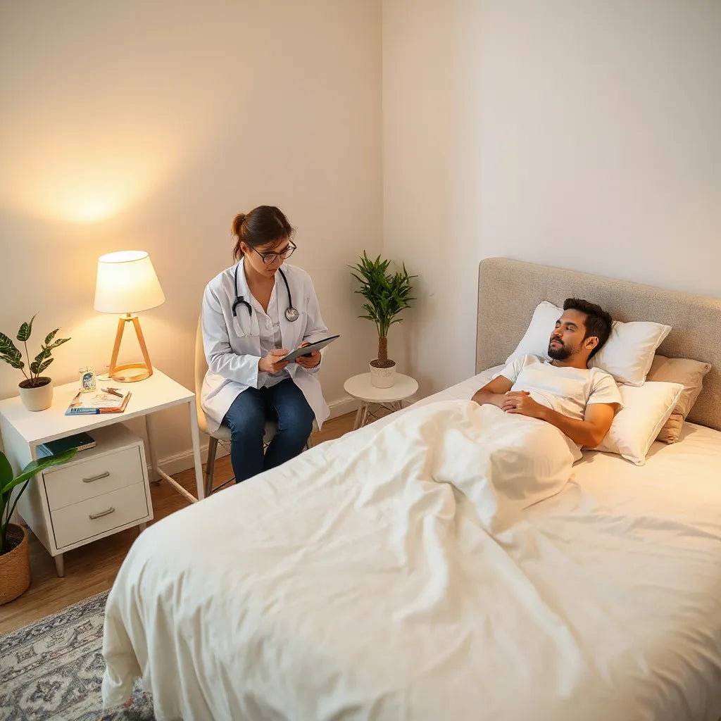 Sleep specialist consult in a calm bedroom with a clipboard and sleep diary on a bedside table