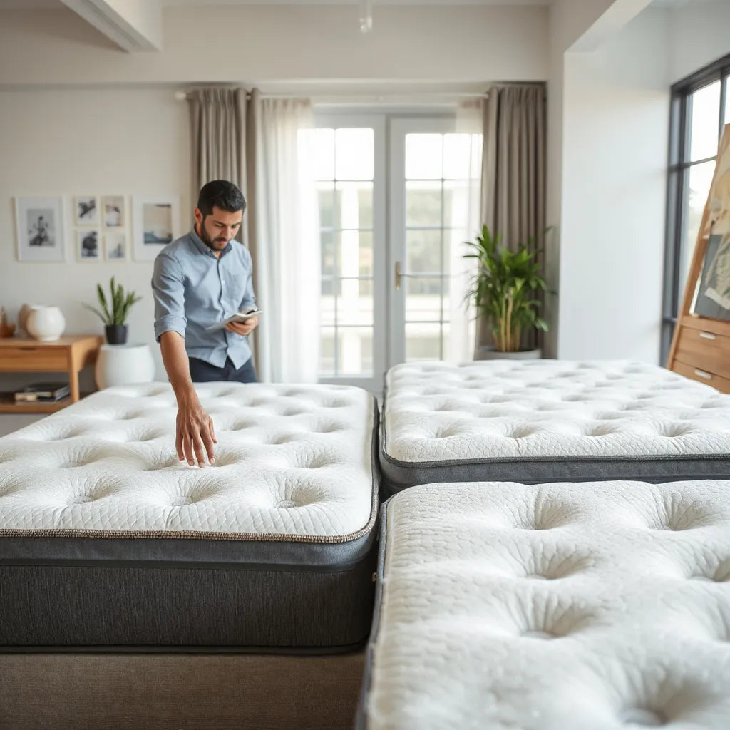 Shoppers testing two mattresses side-by-side in a showroom, checking firmness and comfort layers