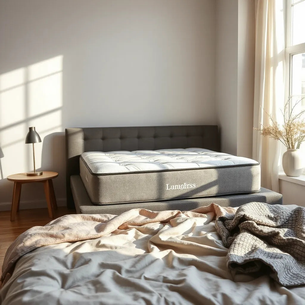 Modern mattress with subtle zoned support highlighting the lumbar area in a bright, neutral bedroom