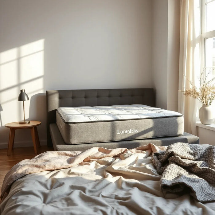 Modern mattress with subtle zoned support highlighting the lumbar area in a bright, neutral bedroom