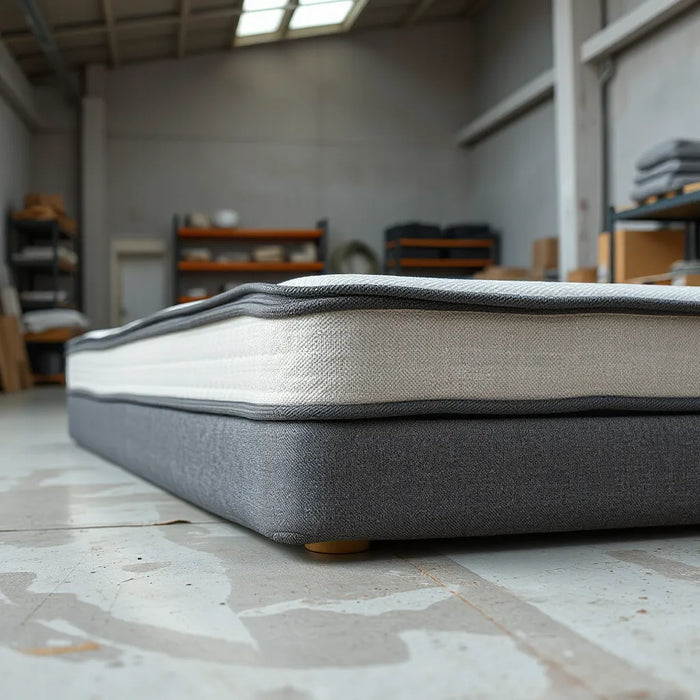 Reinforced heavy-duty mattress layers and edge support shown in a clean, well-lit workshop setting