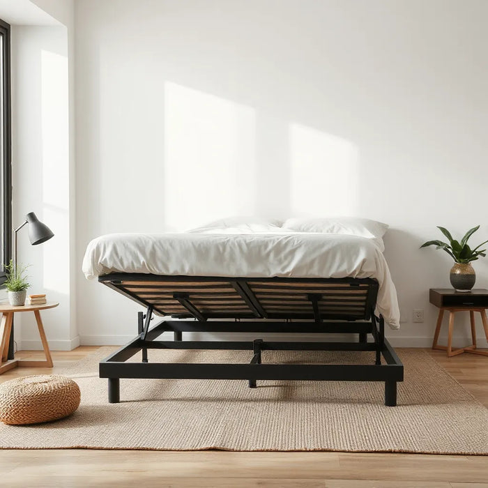 Adjustable bed frame with head and foot elevation in a bright, minimalist bedroom