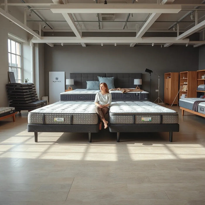 Shoppers compare two mattresses in a showroom with a consultant nearby and display beds behind