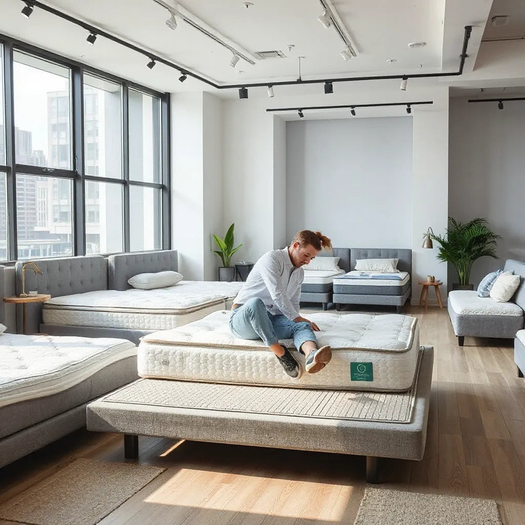 Shoppers testing a neatly made mattress in a modern Midtown Manhattan showroom