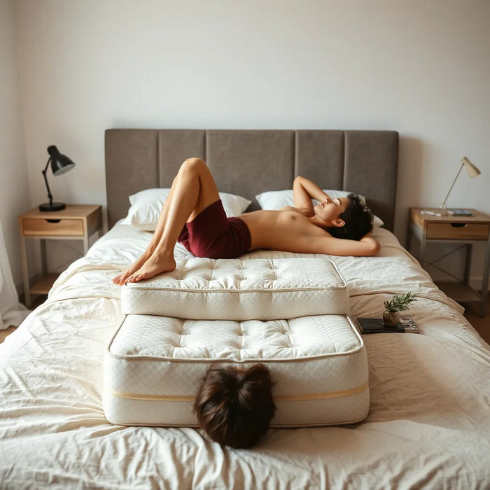 Person lying on a supportive mattress in a bright, minimal bedroom setting for improved back comfort