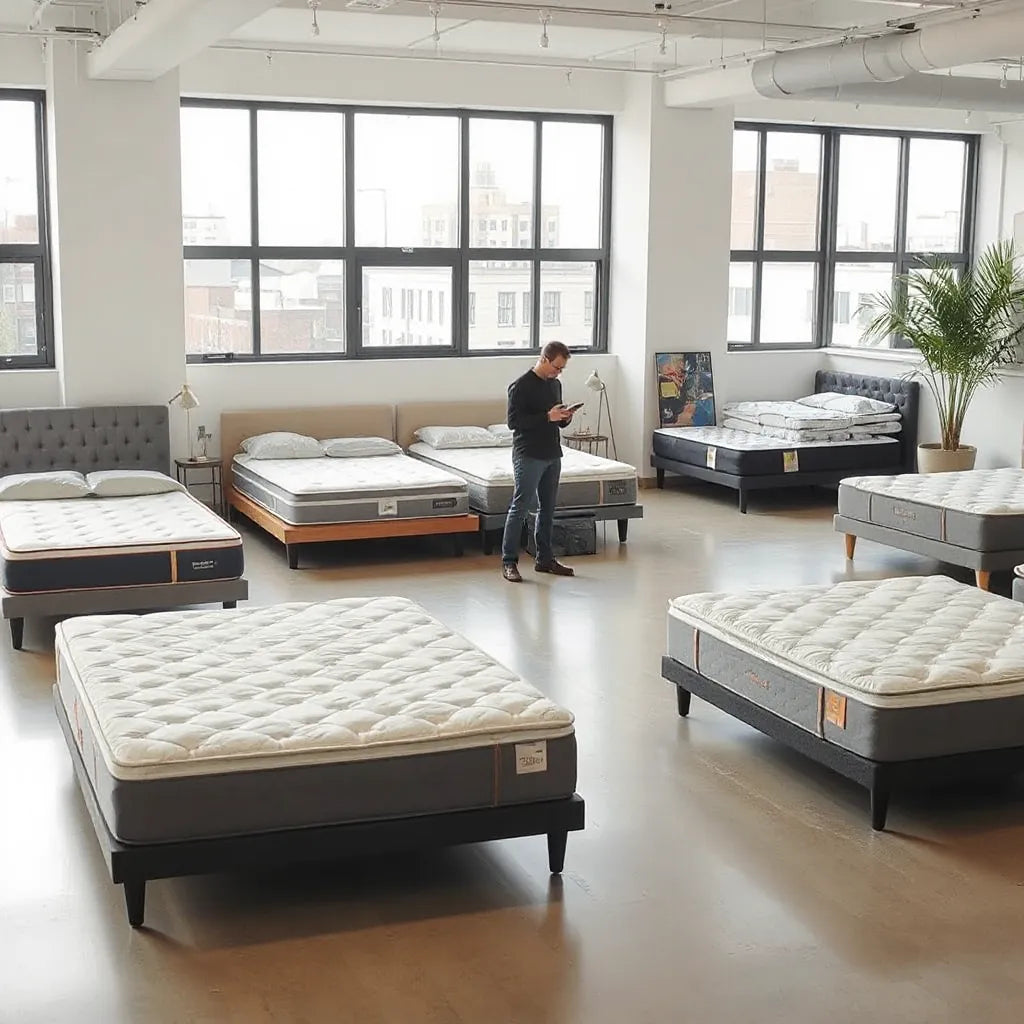 Customer testing a mattress on display in a modern, well-lit NYC showroom