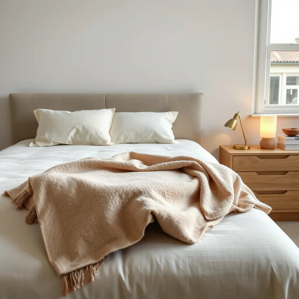 Luxurious bed with premium bedding and soft lighting in a calm, modern bedroom setting