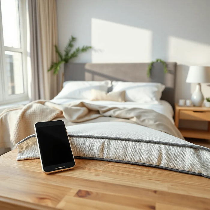 Modern bedroom with a made bed and smartphone showing a generic mattress shopping interface