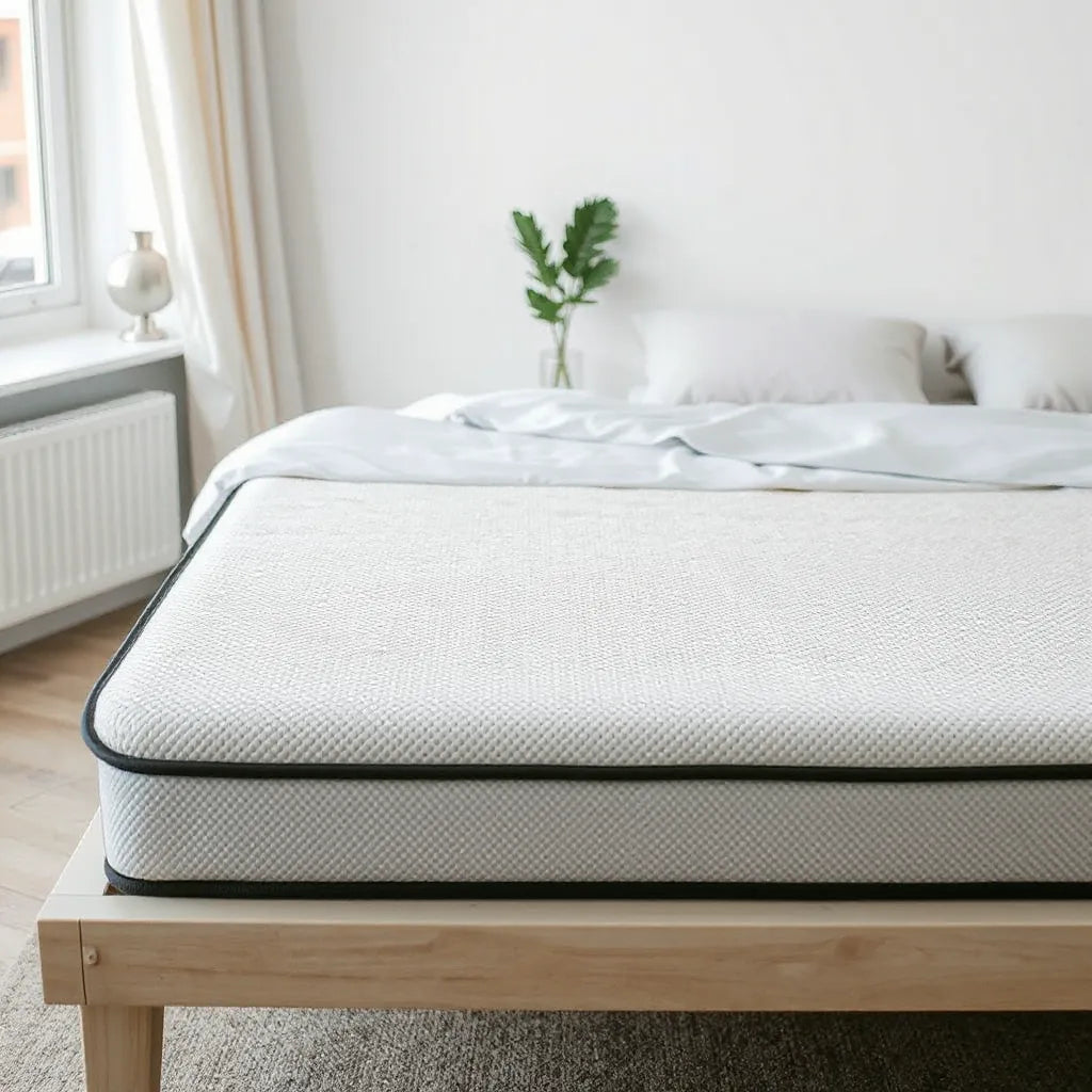 Modern hybrid mattress on a bed with cooling fabric texture in a bright, minimal bedroom