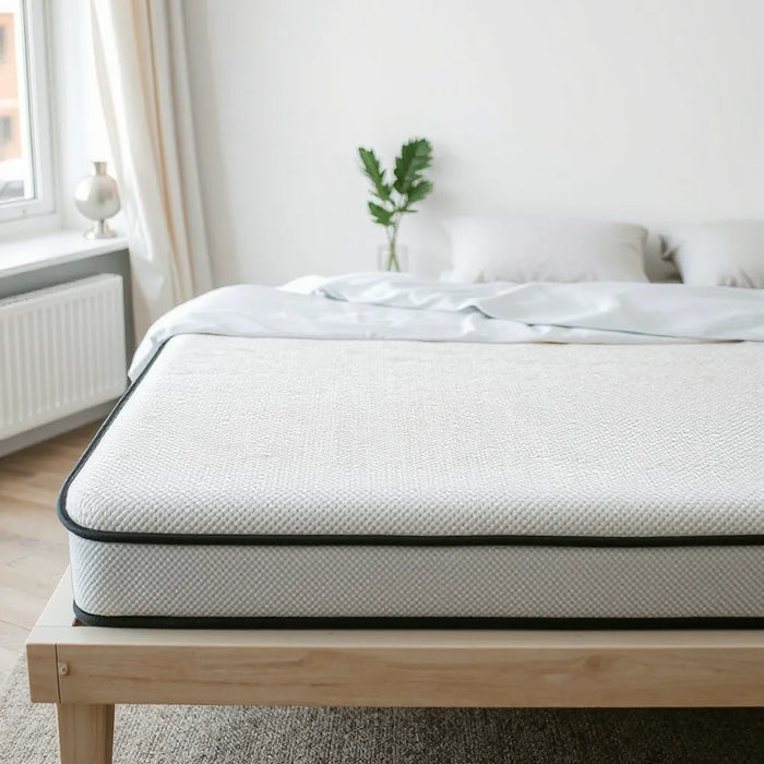 Modern hybrid mattress on a bed with cooling fabric texture in a bright, minimal bedroom