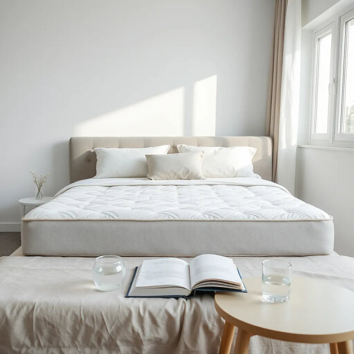 Neatly made bed with multiple modern mattresses in a calm, well-lit bedroom setting