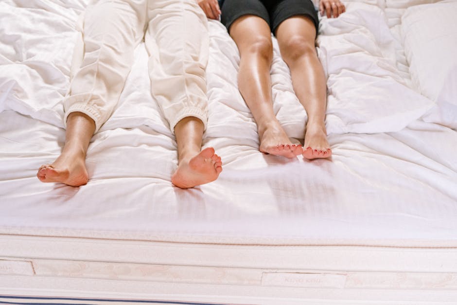 Two friends relaxing indoors, lying on a comfortable bed, enjoying leisure time together.
