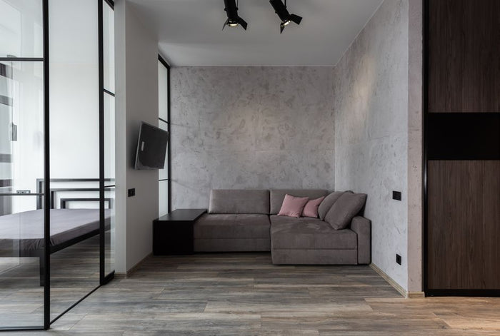 Contemporary living room interior with cushions on soft sofa against television set in house in daylight