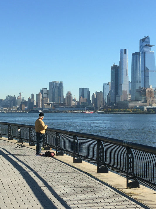 a man standing on a bridge next to a body of water