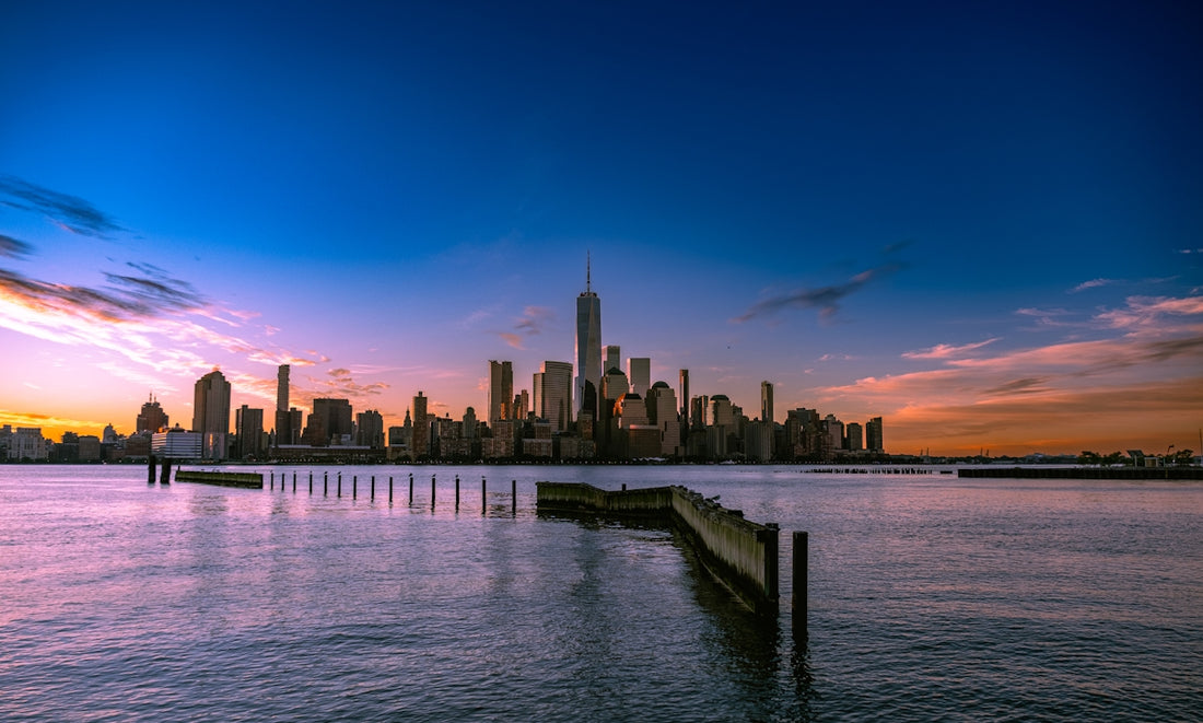 a city skyline at sunset