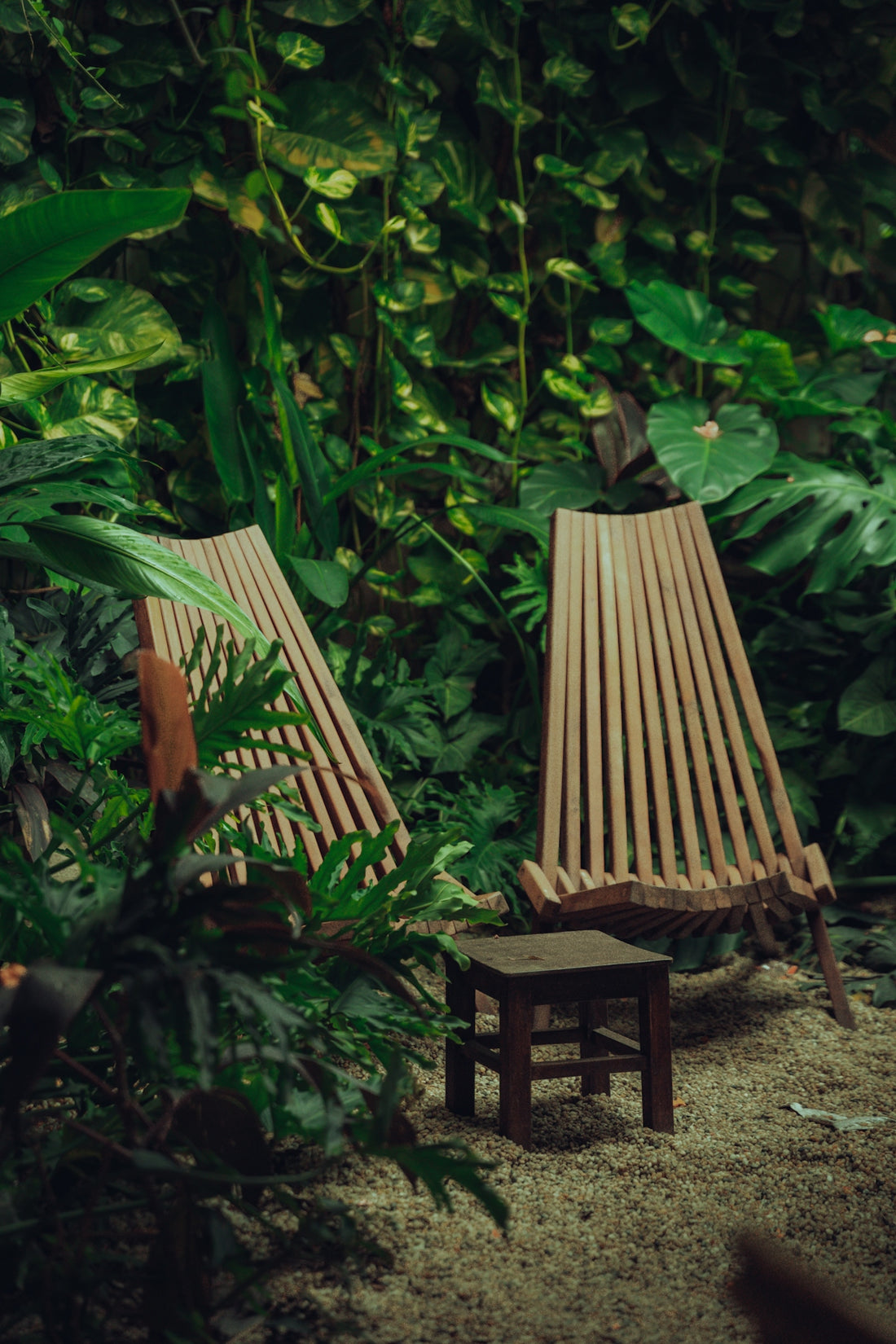 A couple of wooden chairs sitting in the middle of a forest