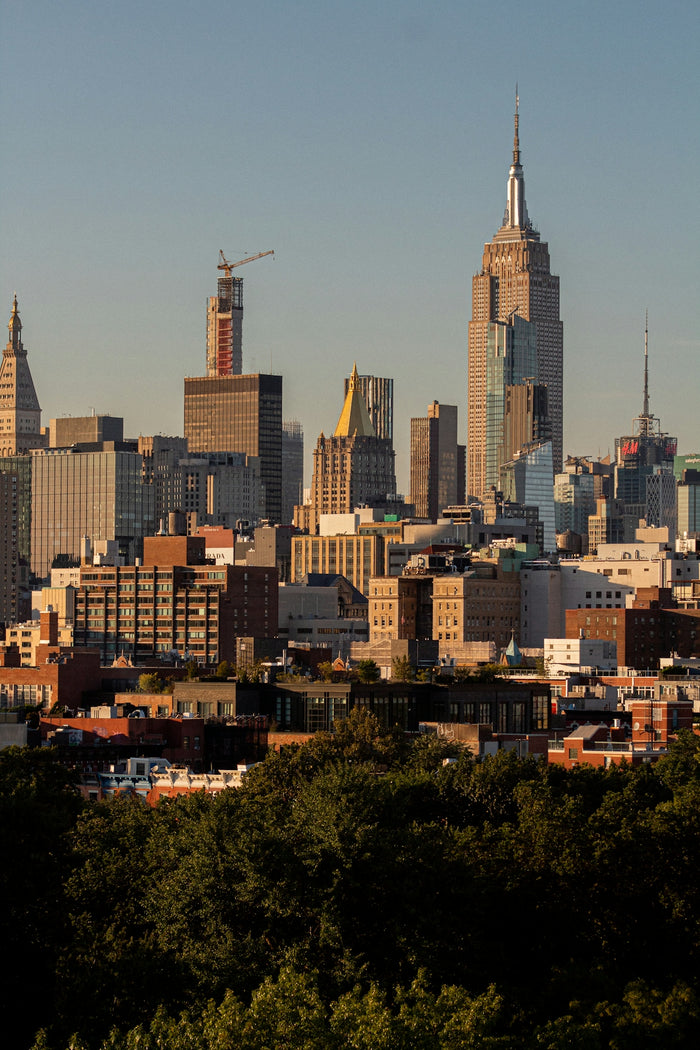 A view of a city with tall buildings