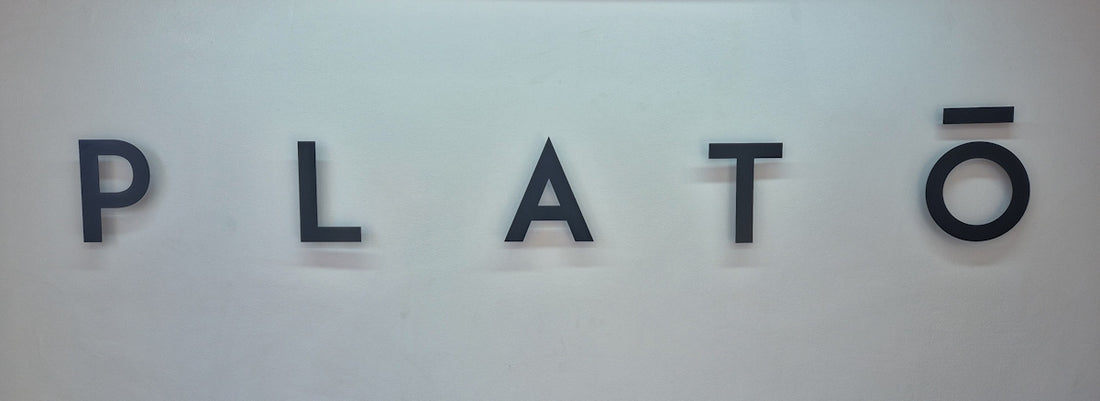 A close up of the word plate on a wall