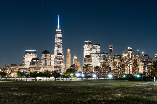 A view of a city skyline at night