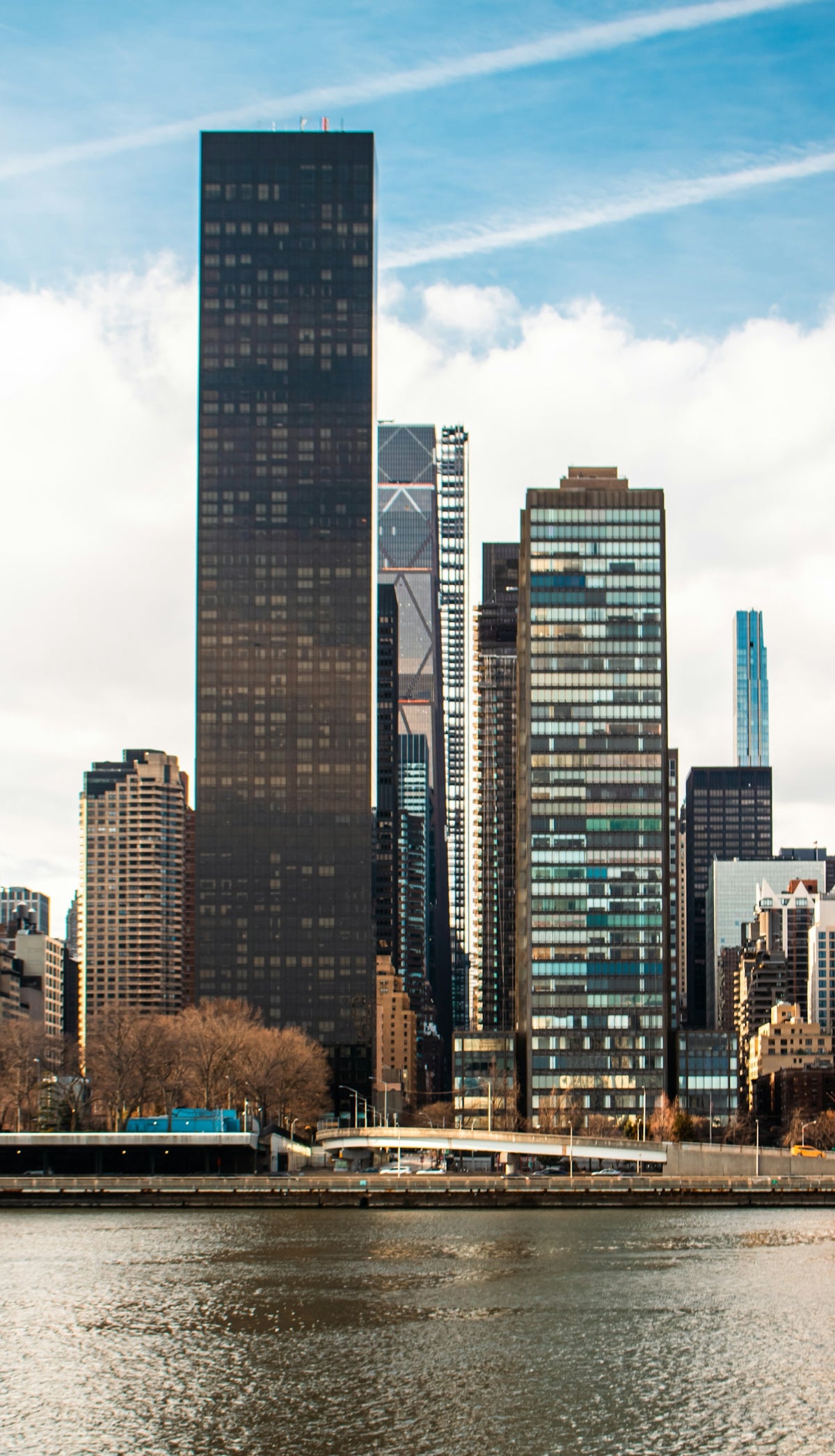 Skyscrapers tower above a body of water.