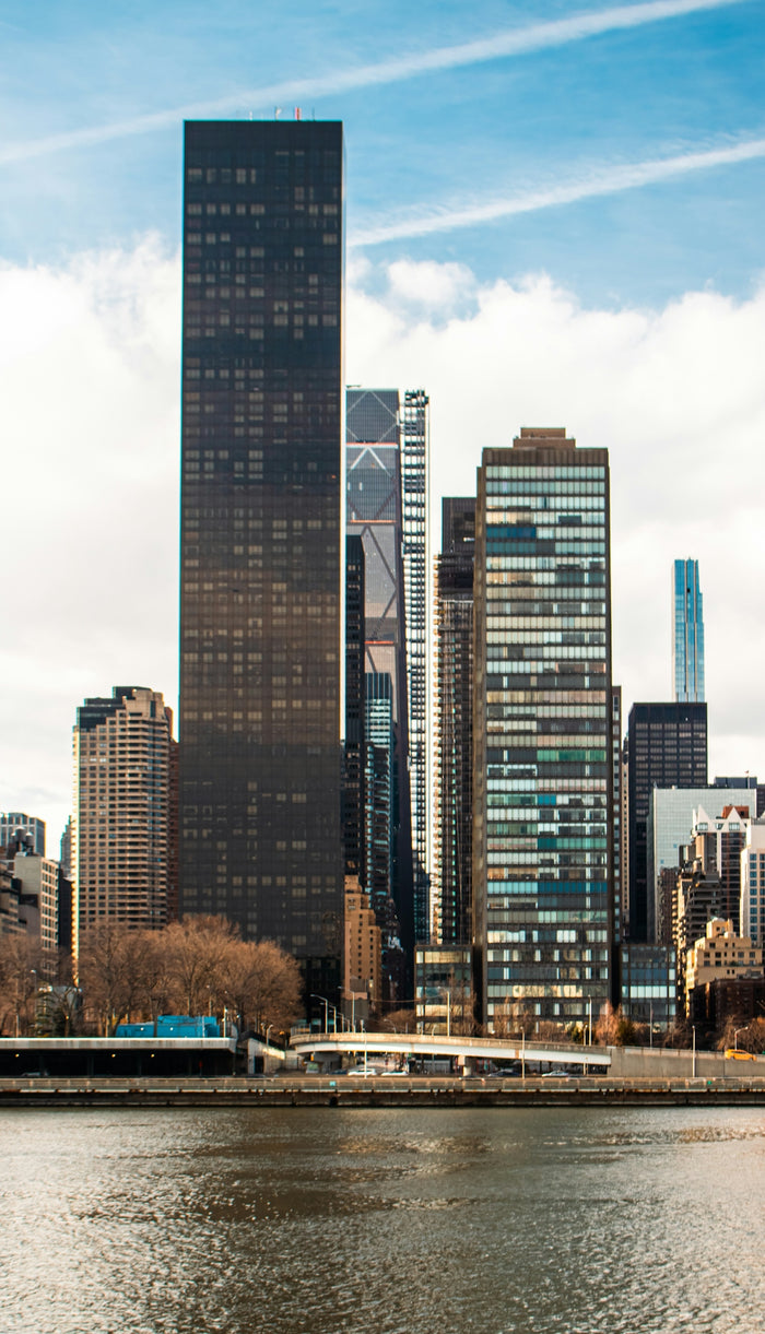 Skyscrapers tower above a body of water