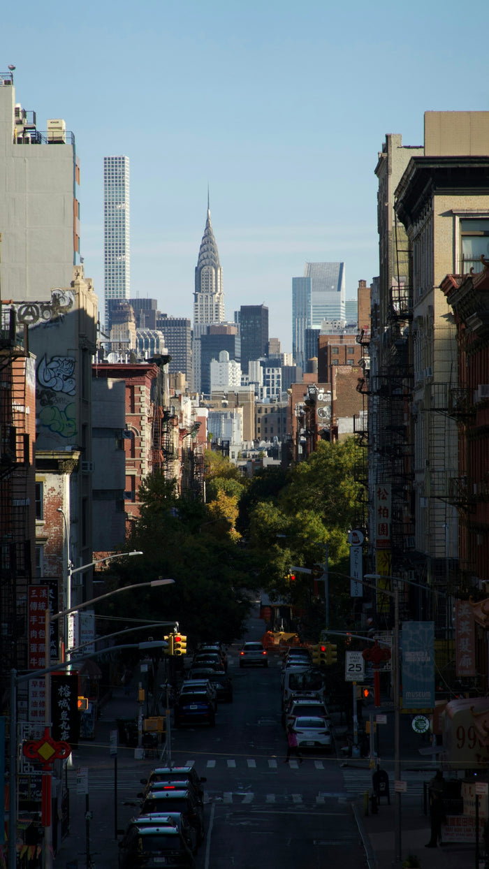 New york city skyline viewed down a street