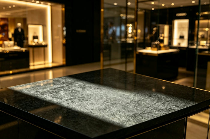 A dark grey marble countertop with a bright light reflection in a luxury store