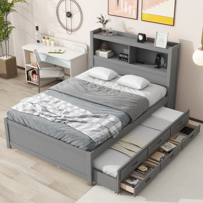 Full Size Platform Bed With Trundle, Drawers, USB Ports And Built In Shelves - Gray - The Sleep Loft - Online Mattress Showroom NYC