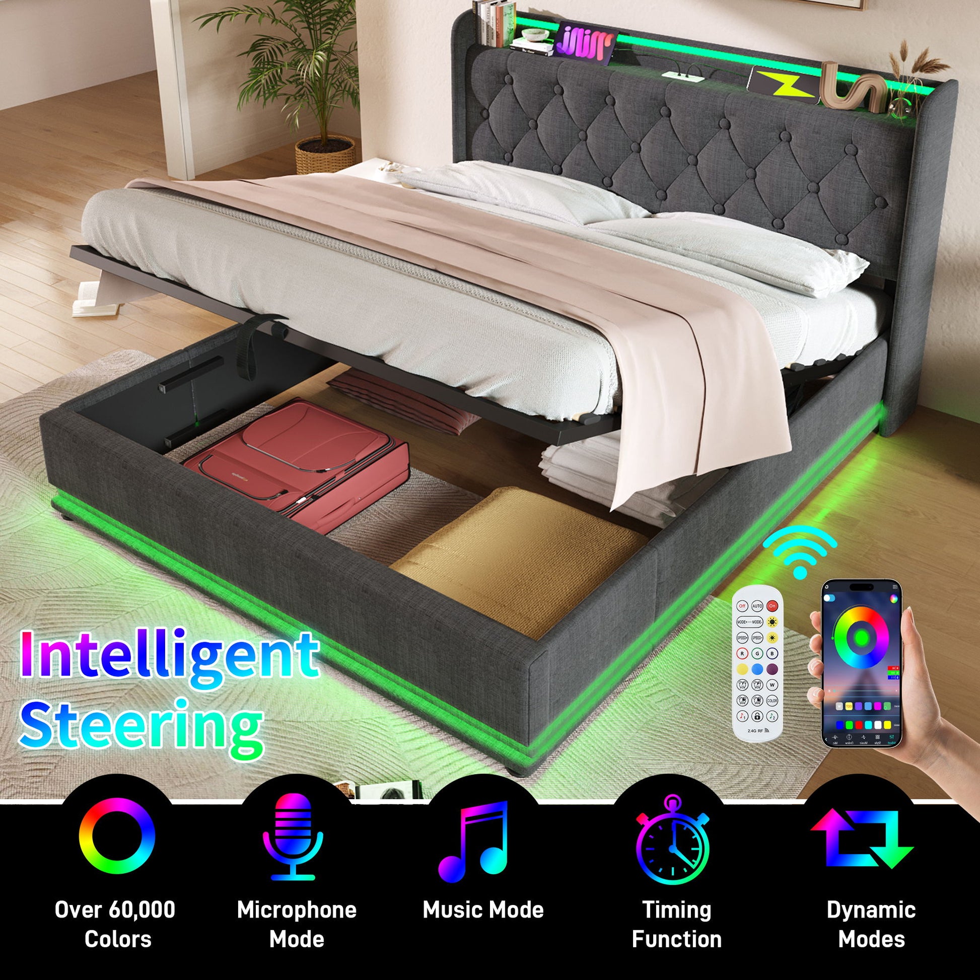 Upholstered Bed, 360 Surround LED Function, Remote Control, Hydraulic Storage Bed With USB, Type-C Charging (Without Mattress) - The Sleep Loft - Online Mattress Showroom NYC