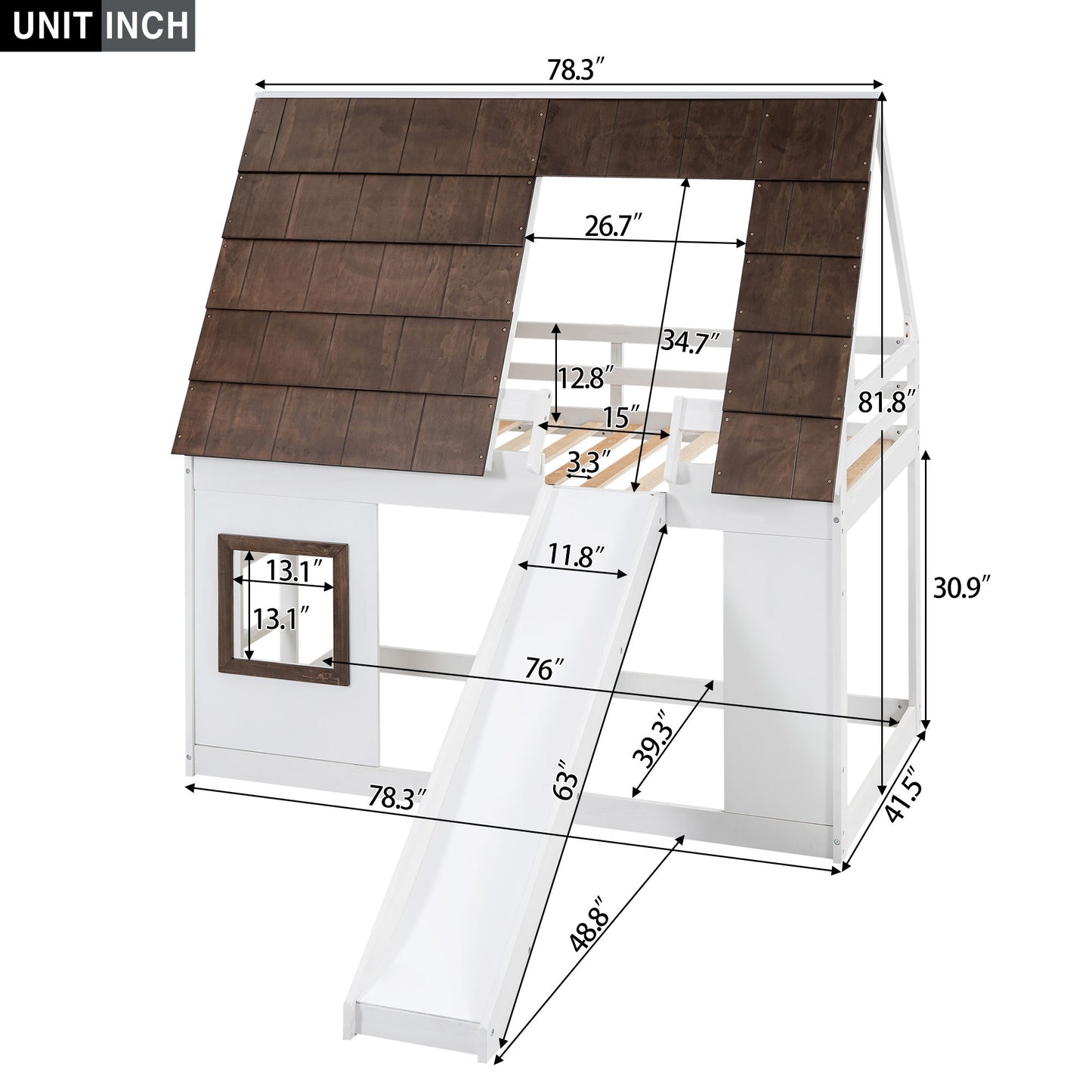 Wood Twin Size House Bunk Bed With Roof, Ladder And Slide - White / Brown - The Sleep Loft - Online Mattress Showroom NYC