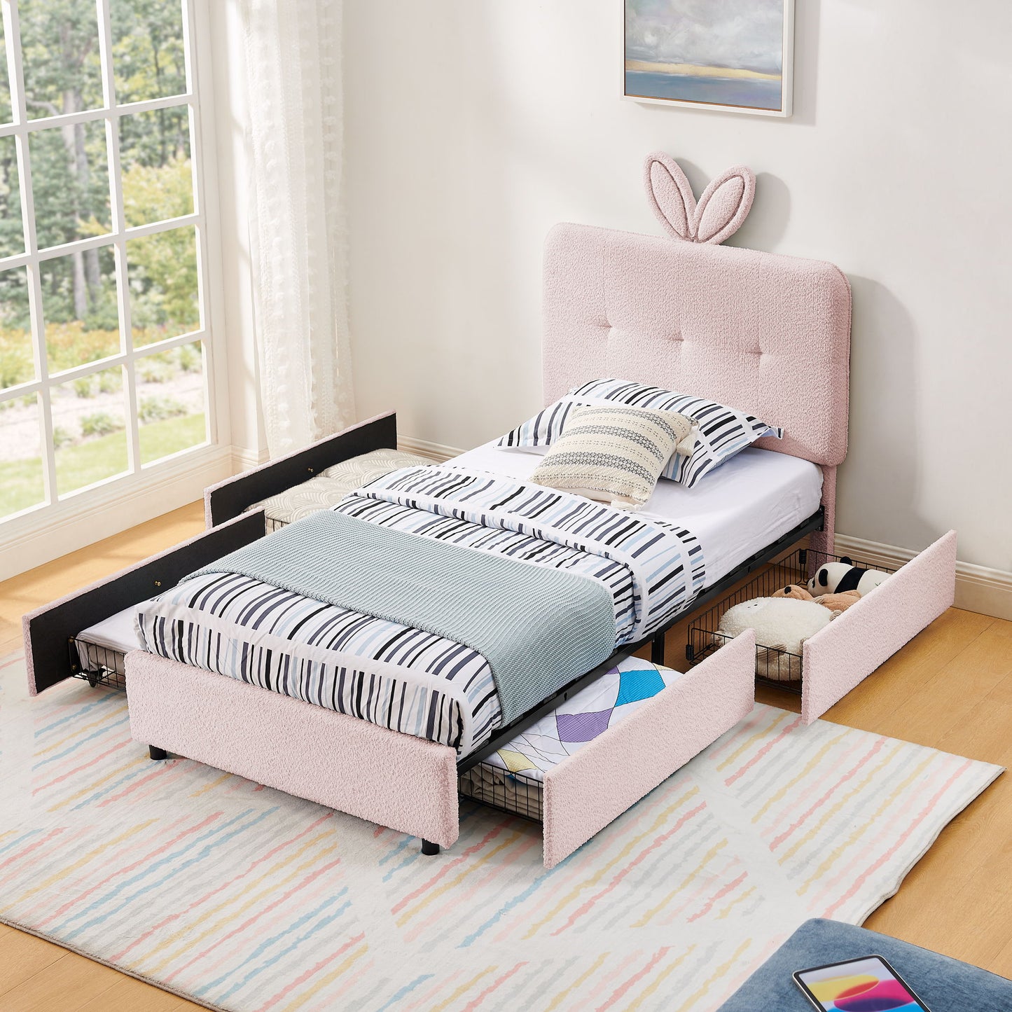 Upholstered Bed With Oversized Rabbit Ear Headboard, LED Lights & 4 Storage Drawers - The Sleep Loft - Online Mattress Showroom NYC