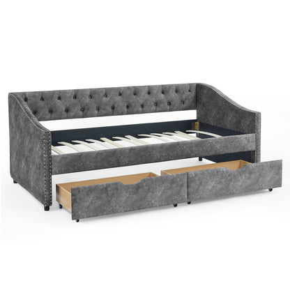 Upholstered Tufted Daybed With 2 Drawers, Waved Arms - The Sleep Loft - Online Mattress Showroom NYC