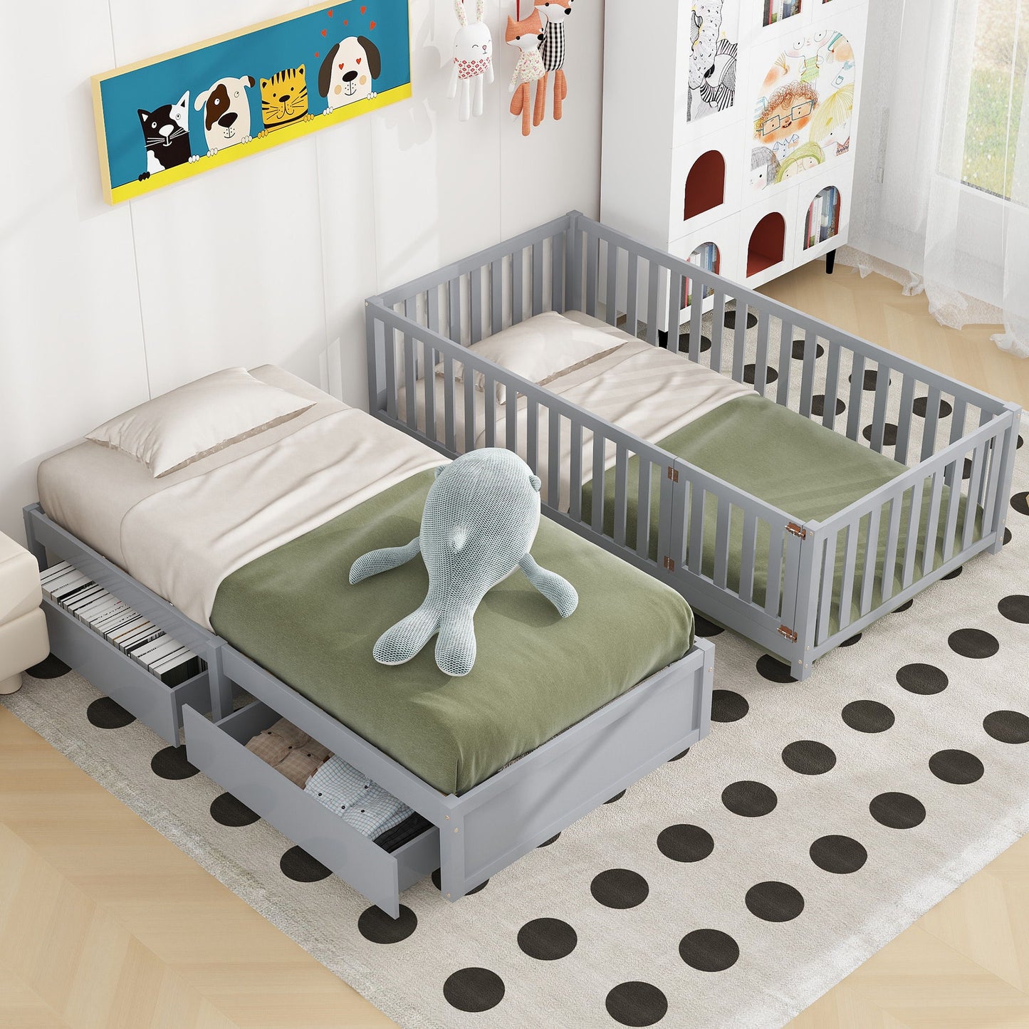 Daybed With Fence Guardrails And 2 Drawers, Split Into Independent Floor Bed & Daybed - The Sleep Loft - Online Mattress Showroom NYC