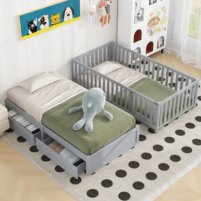 Daybed With Fence Guardrails And 2 Drawers, Split Into Independent Floor Bed & Daybed - The Sleep Loft - Online Mattress Showroom NYC
