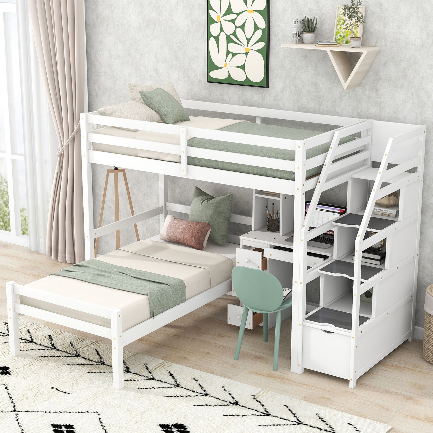 Loft Bed With Stand Alone Bed, Storage Staircase, Desk, Shelves, And Drawers - The Sleep Loft - Online Mattress Showroom NYC