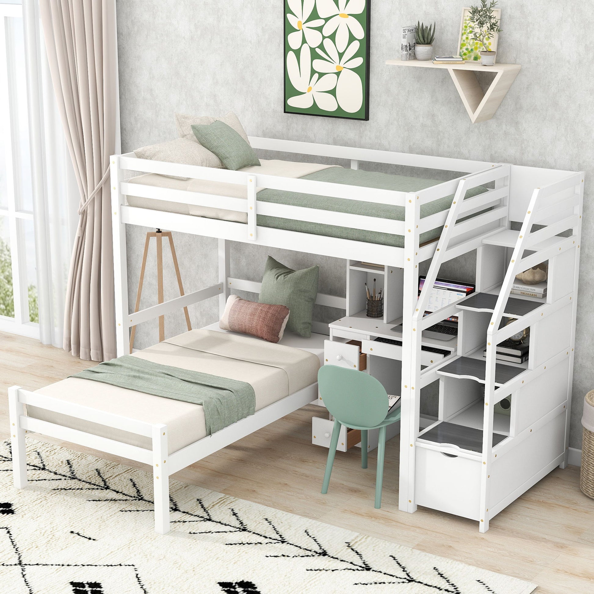 Loft Bed With Stand Alone Bed, Storage Staircase, Desk, Shelves, And Drawers - The Sleep Loft - Online Mattress Showroom NYC