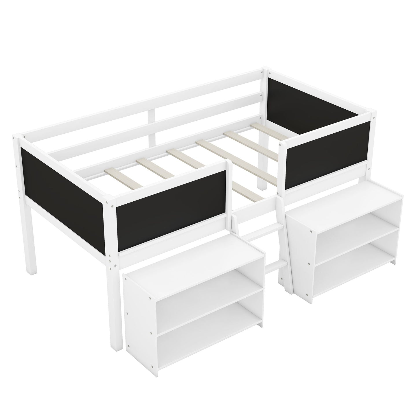 Low Loft Bed With Movable Shelves And Ladder, Decorative Chalkboard Guardrail - The Sleep Loft - Online Mattress Showroom NYC