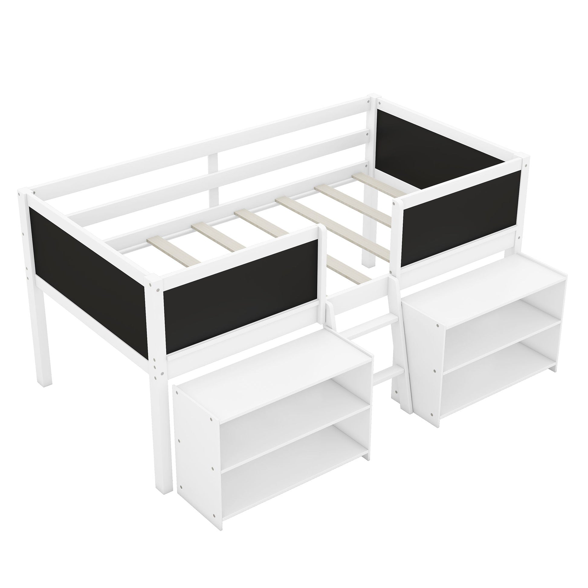 Low Loft Bed With Movable Shelves And Ladder, Decorative Chalkboard Guardrail - The Sleep Loft - Online Mattress Showroom NYC
