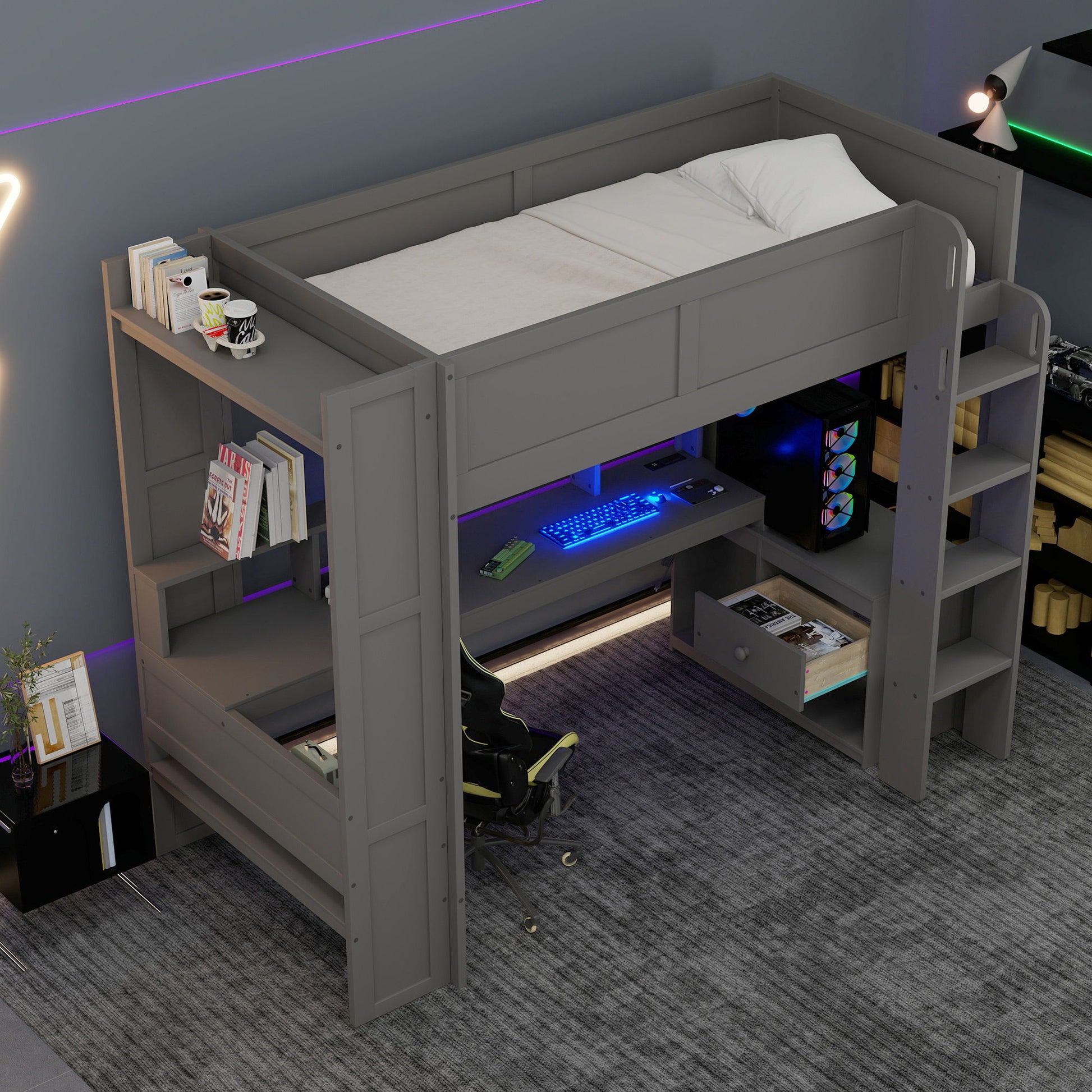 Gaming Loft Bed With Desk, Multi Storage Shelves, LED And Charging Station - The Sleep Loft - Online Mattress Showroom NYC