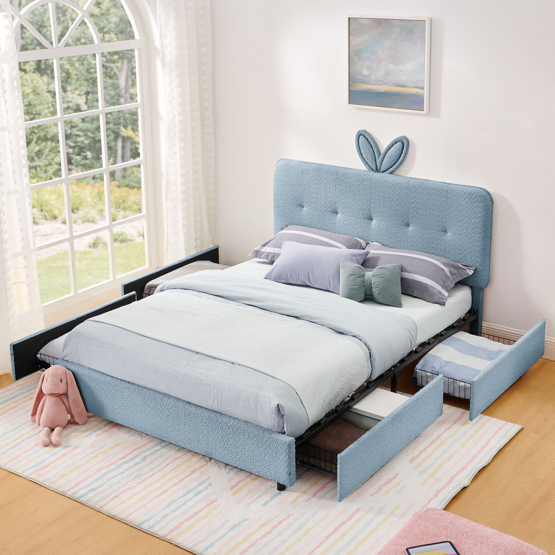 Upholstered Bed With Oversized Rabbit Ear Headboard, LED Lights & 4 Storage Drawers - The Sleep Loft - Online Mattress Showroom NYC