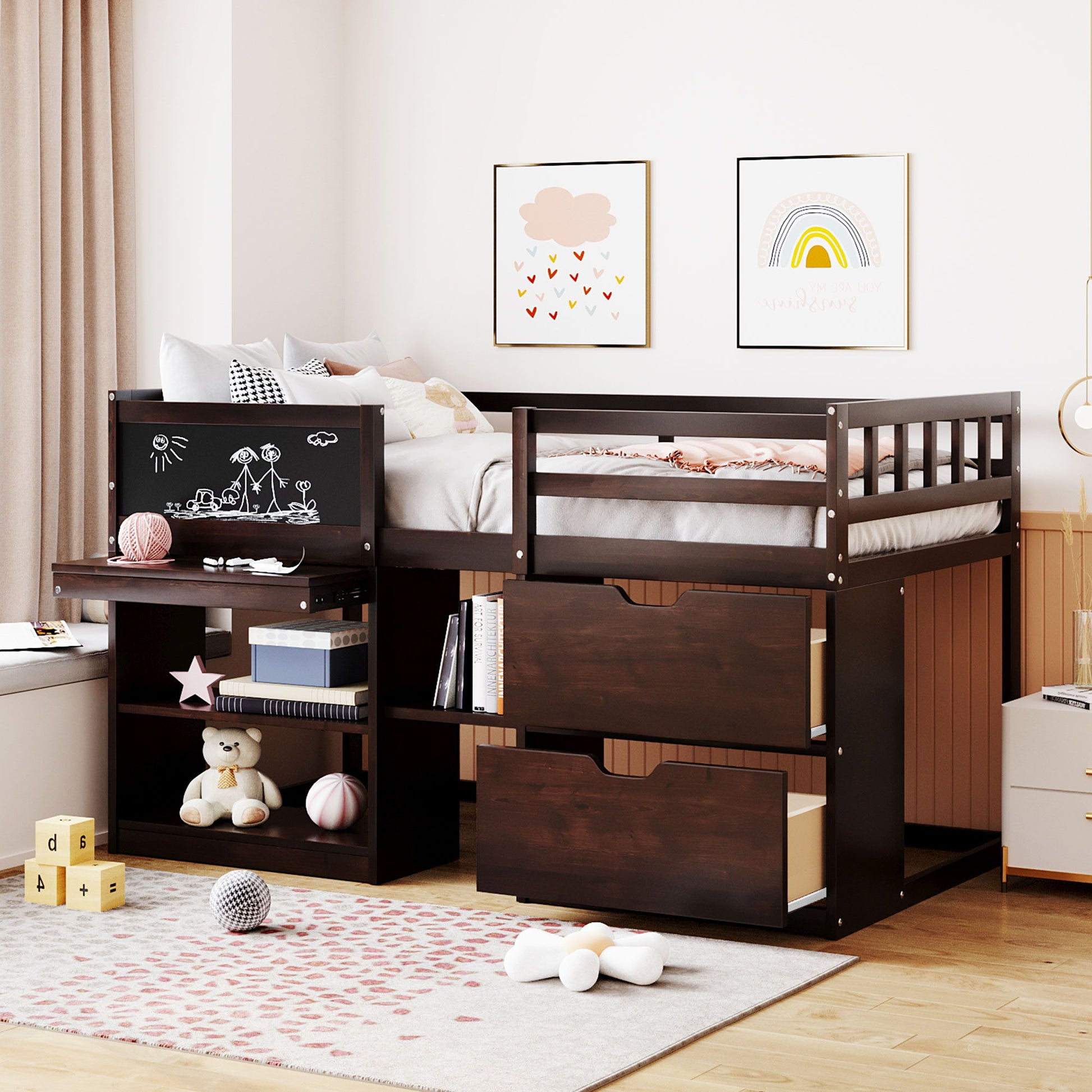 Low Loft Bed With Rolling Desk, Shelf And Drawers - The Sleep Loft - Online Mattress Showroom NYC